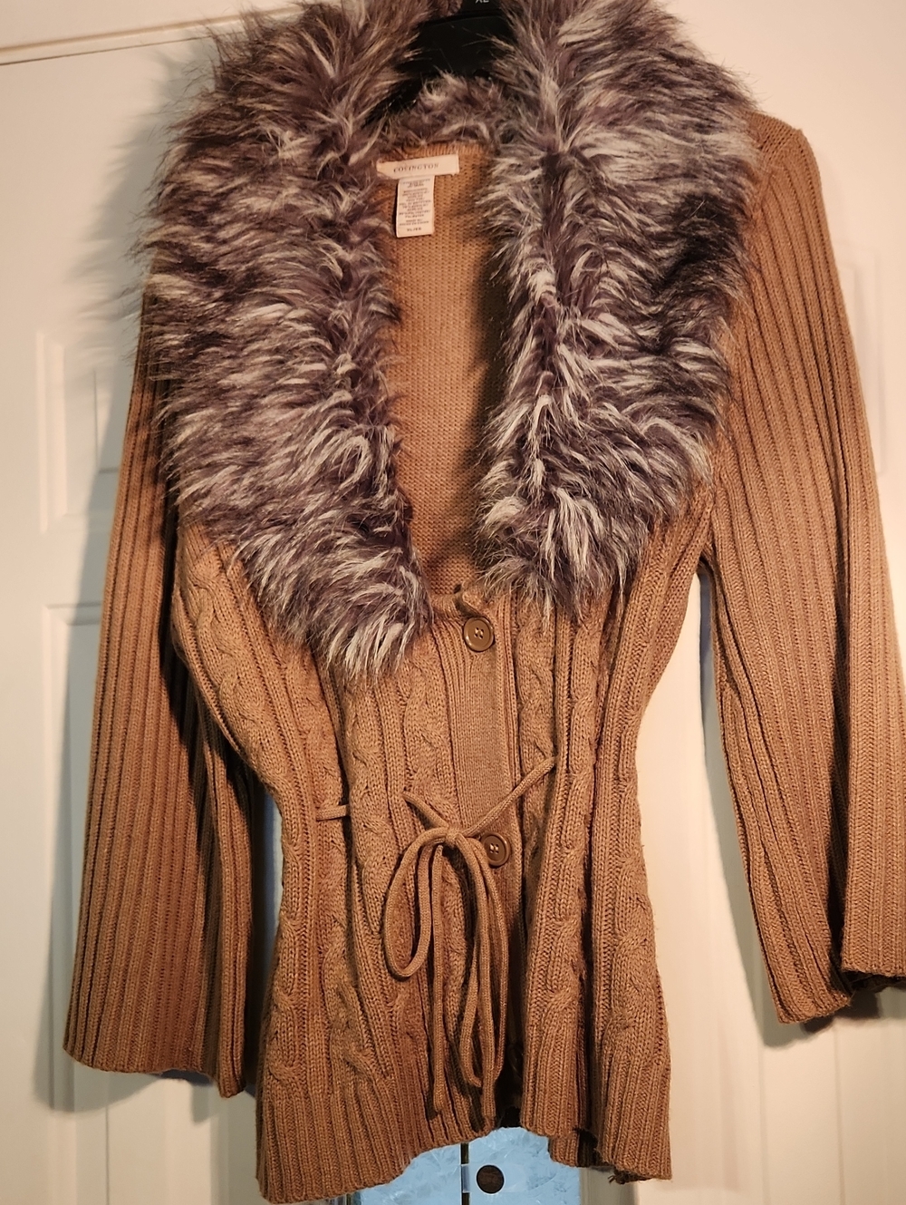 Covington Brown and Gray Cardigan with Faux Fur Collar
